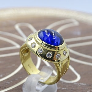 Blue Cabochon Ring - Sapphire Stone Ring - Hand-polished Finish - 14kt Solid Gold - Ancient Greek Jewelry - Quality Anniversary Ring