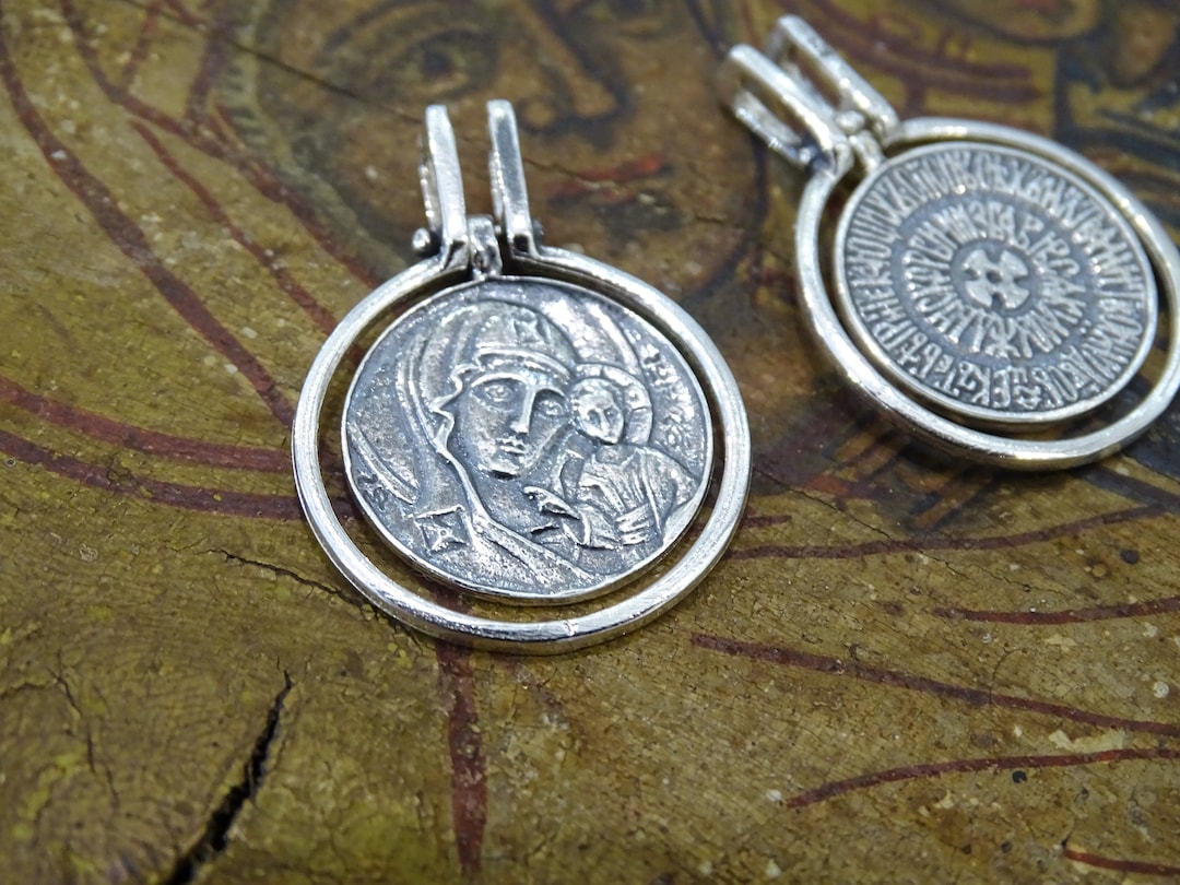 Virgin Mary Silver Religious Pendant Necklace, Double Pendant, Antique