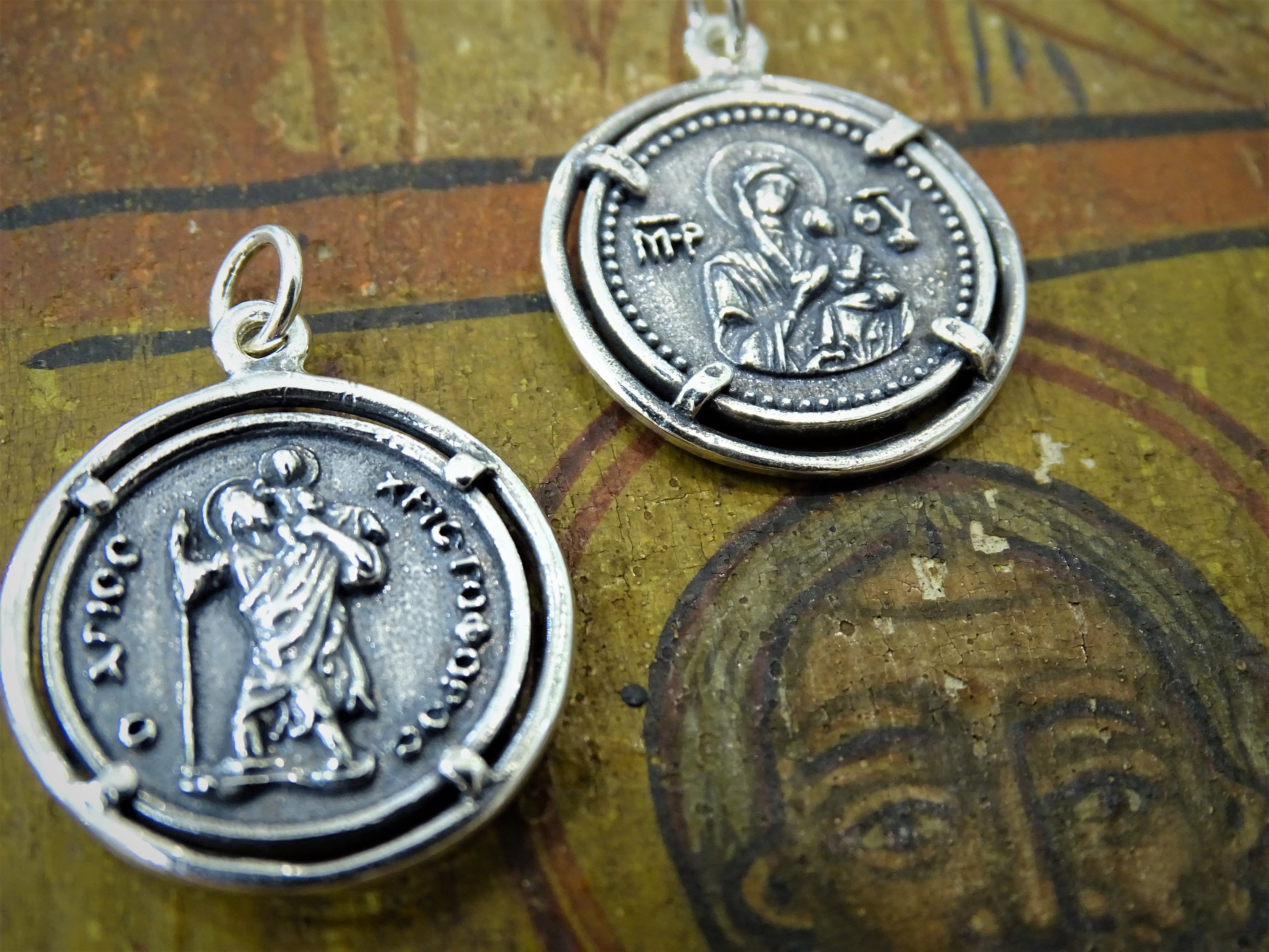 Amulett Medaille Christophorus, 925 Silber, antik