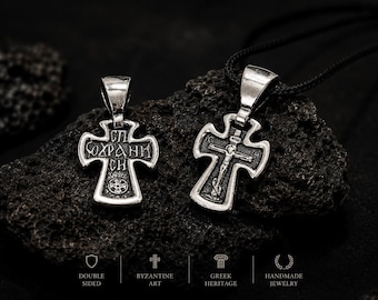 Collar con cruz bizantina de plata de ley, colgante ortodoxo de doble cara, joyería cristiana griega antigua, regalo de fe