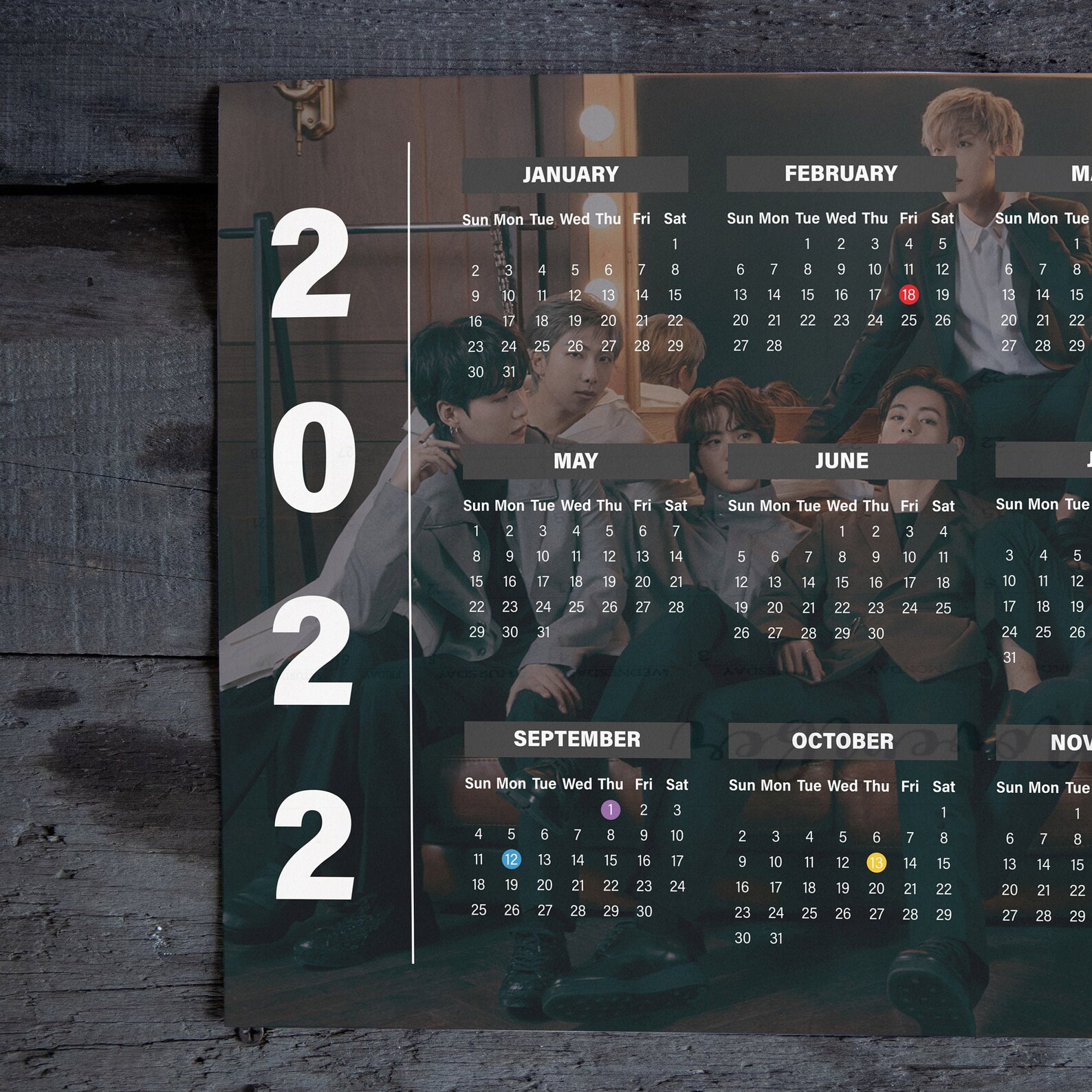 bts 2022 dark pdf a3 calendar full year individual months etsy bts
