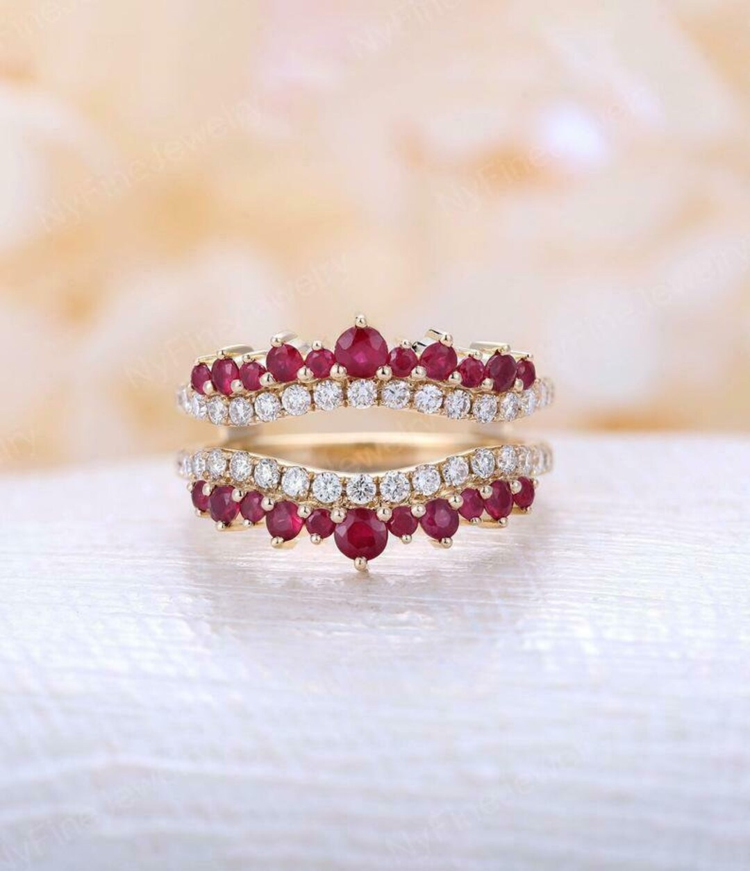 Enhancer Ring Set, Ring Enhancer Art Deco Ruby, Diamond Wedding Band
