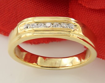 Men's Band Ring, Wedding Pinky Band Ring 14k Yellow Gold Finish 1.20 Ct Round Diamond, 925 Sterling Silver