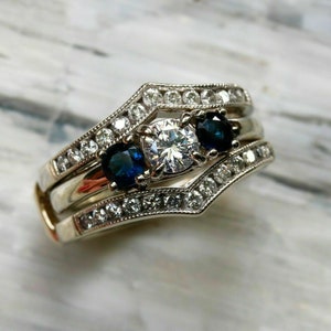 Enhancer Ring Band, Blue Sapphire Round Enhancer Wrap Ring Guard, 925 Sterling Silver Engagement Wedding Ring, Birthstone Gift Idea