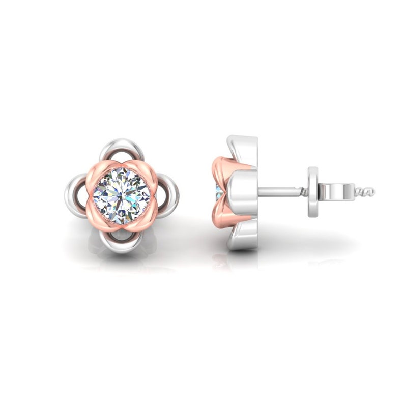 1.70t Round Cut VVS1 Diamond Womens Solitaire Stud boucle doreille 14K Two Tone White / Rose Gold Over Flower Stud Earring Screw Back image 3