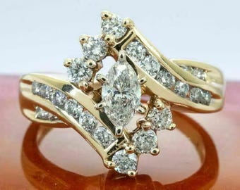 Marquise Cut Engagement Ring, 14k Yellow Gold Finish, Sterling Silver