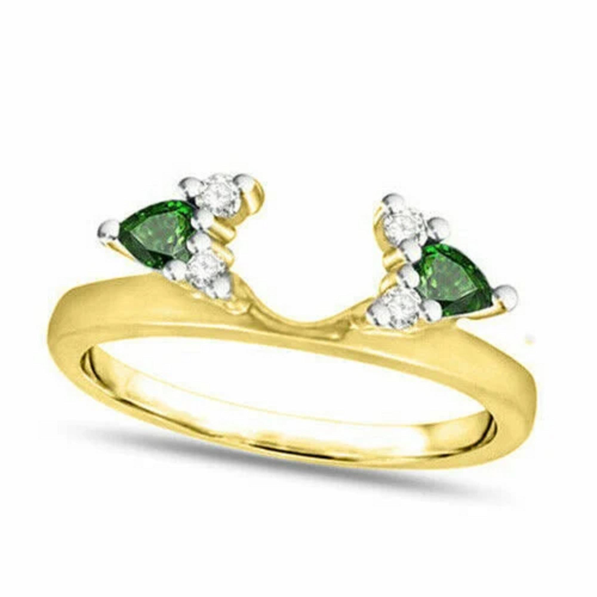 Curved Double bands, Emerald Diamond Enhancer Ring Guard Wedding Band 925  Real Silver, 14k Yellow Gold Finish, Anniversary ring for womens
