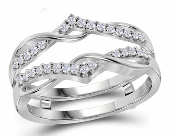 Enhancer Band Ring, 10k White Gold Over Women's Round Diamond Wrap Ring Guard Enhancer Wedding Band 1/4 Carat, Women's Ring