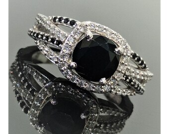 14K White Gold Finish Cluster 925 Sterling Silver 3.00Ct Round Black Diamond Women's Solitaire Halo Engagement Wedding Ring Gift Jewelry