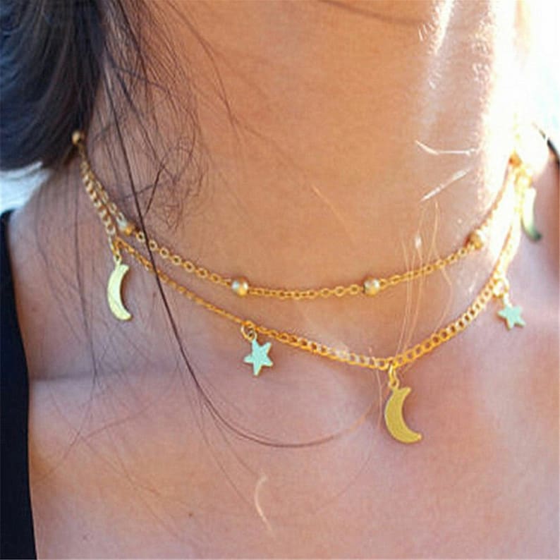 Star AND Moon Dangle Choker Necklaces, Star MOON Necklace, Dainty Gold Layering Necklace, Dainty Jewelry, Trendy Choker, Festival Jewelry