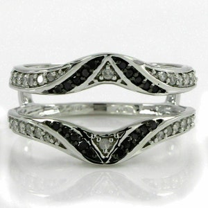 Enhancer Ring Band, 1.50 Ct Round Cut Black & White Diamond Engagement Enhancer Wrap Ring Guard 14K White Gold Finish, 925 Sterling Silver