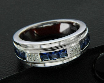 Men's Band, 14K White Gold Finish, Blue Sapphire & Simulated Diamond Men's Wedding Engagement Band Ring, 925 Silver,  "FREE GIFT"