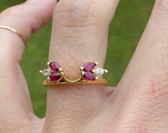 Enhancer Ring Band, 2 Ct Ruby & Diamond Guard Wrap Band Ring 925 Silver, 14k Yellow Gold Finish, Women's Band