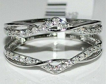 14K Solid White Gold Plated Wrap Guard Ring, 1.25Ct Diamond Engagement Enhancer Wedding Wrap Band Ring, Solitaire Jacket Enhancer Guard Ring