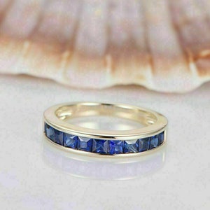 Wedding Bands, Eternity Band Ring 14k Yellow Gold Plated 2Ct Lab Created Blue Sapphire, Promise Band, Women's Gift Ring, Sterling Silver