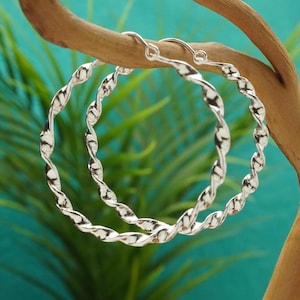 May include: Silver hoop earrings with a twisted rope design. The earrings are shown against green foliage and a light blue background. The hoops are approximately 5 cm in diameter.
