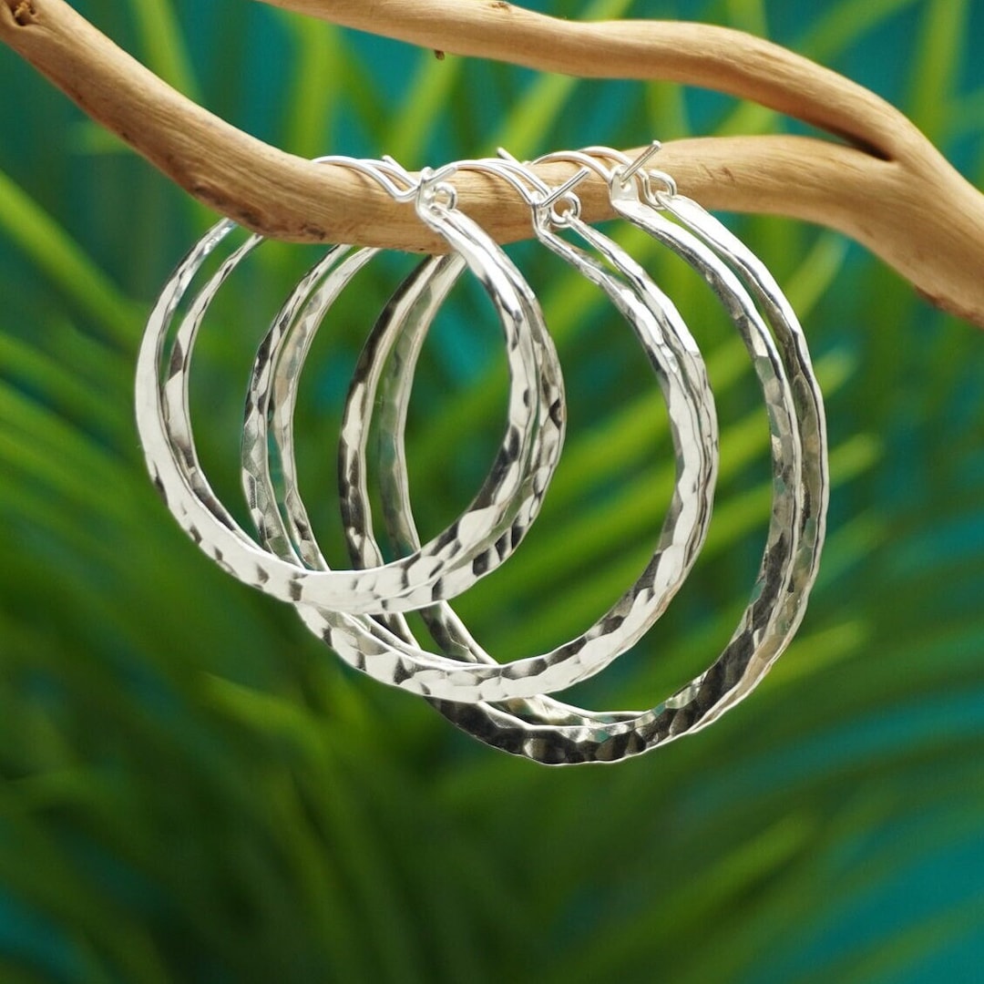 Hammered Sterling Silver Hoop Earrings, Rustic Handmade Silver Hoop