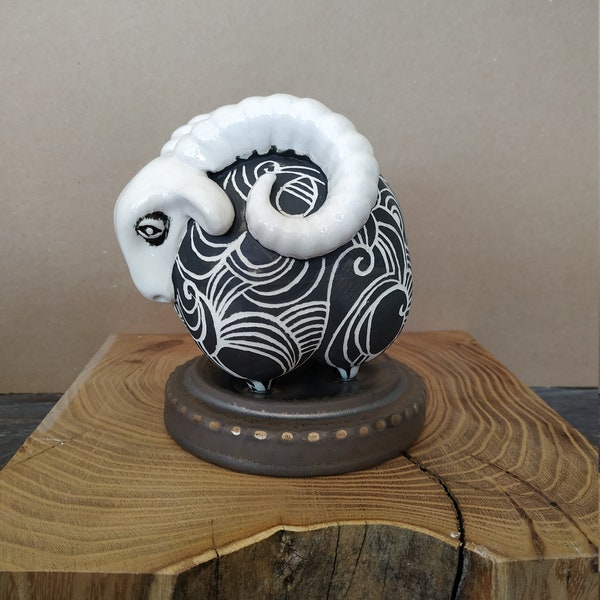 Ceramic sculpture Ram,Handmade Sheep figurine, Table decor, Black Ram , Modern sculpture, Art, Animal statue, Ram gifts