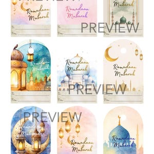 Op de afbeelding: Negen aquarel cadeaulabels met het thema Ramadan Mubarak. Elk label heeft een uniek ontwerp met lantaarns, moskeeën en manen. De labels hebben ruimte om "Aan:" en "Van:" te schrijven en zijn in zachte pastelkleuren.