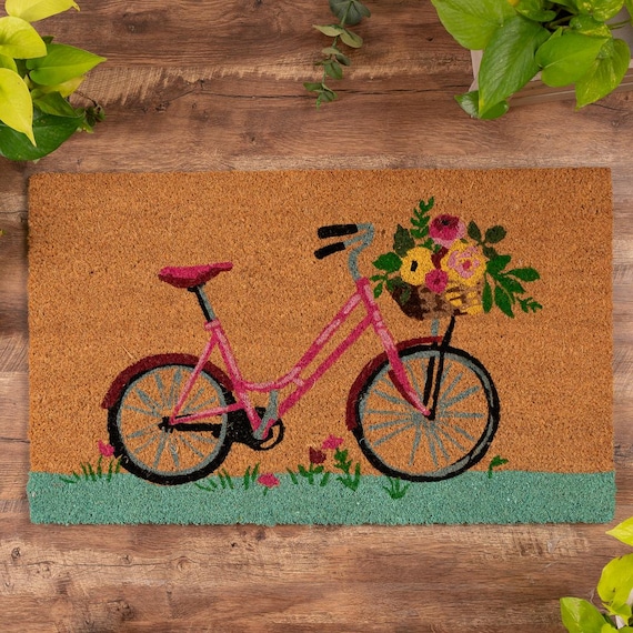 Floral Bicycle Coir Doormat | Spring Garden Welcome Entry Rug (Non-Slip Backing)