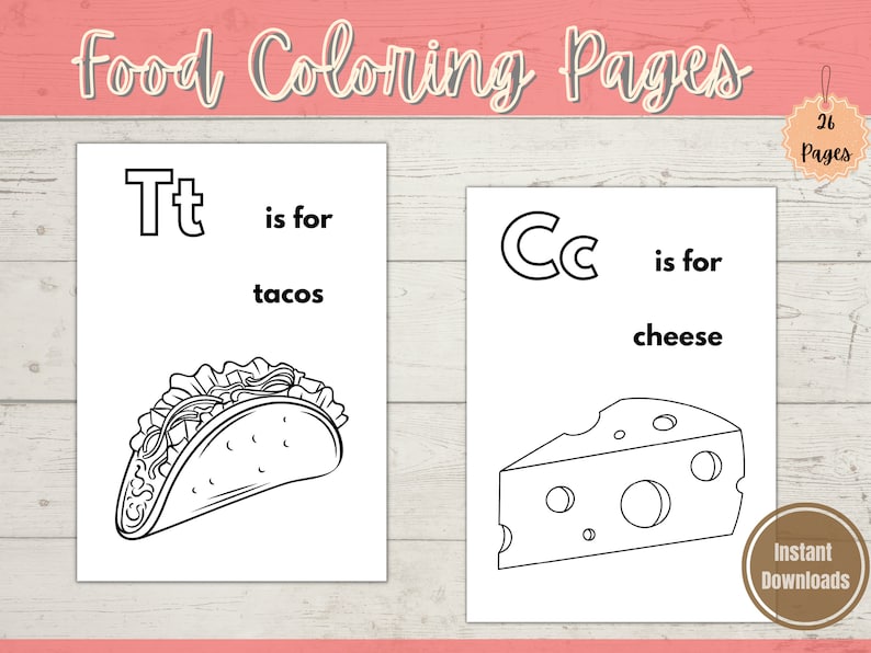 Alphabet Coloring Page Printable Food Alphabet Coloring Page Etsy
