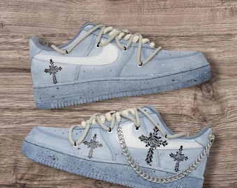 Custom AF1 sneakers, cross, custom Air Force 1 shoes, handmade, totem, dip dye, distressed, graffiti