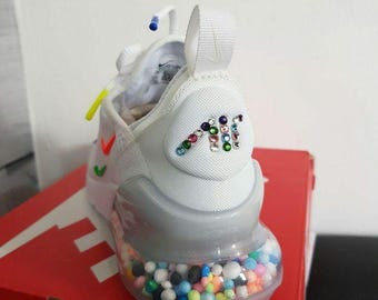 Swarovski Women's Custom Nike Air Max 270 Pink & White Sneakers Blinged Out With Authentic Clear Swarovski Crystals  Bling Workout Shoes