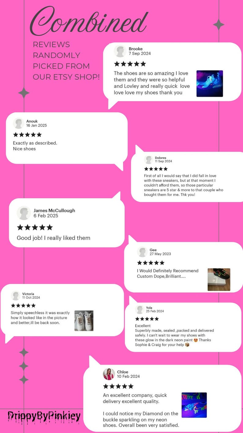 Puede incluir: Un collage de rese&ntilde;as de clientes para zapatillas personalizadas. Las rese&ntilde;as son positivas y destacan la calidad, la rapidez de entrega y la atenci&oacute;n al cliente. Las rese&ntilde;as incluyen texto y valoraciones de estrellas. La imagen tambi&eacute;n incluye una foto de las zapatillas.