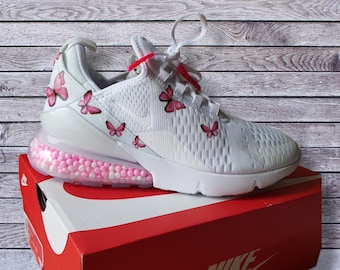 Swarovski Women&#39;s Custom Nike Air Max 270 All White Sneakers Blinged Out With Authentic Clear Swarovski Crystals Custom Bling Shoes