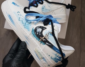 Custom AF1 sneakers, custom Air Force 1 shoes, handmade, cartoon, Pisces, blue graffiti