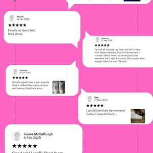 May include: Pink graphic featuring customer reviews from an Etsy shop. Text includes "Combined Reviews Randomly Picked From Our Etsy Shop!" and customer testimonials with star ratings and shoe images.