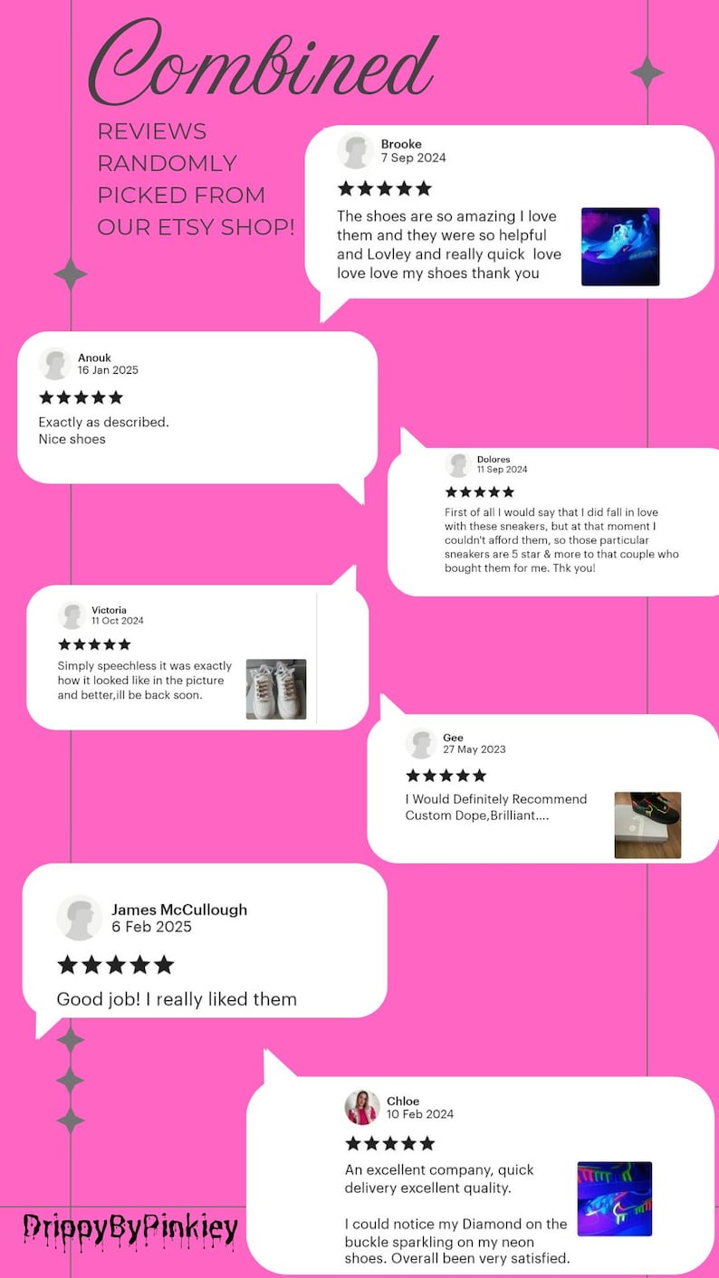 May include: Pink graphic featuring customer reviews from an Etsy shop. Text includes "Combined Reviews Randomly Picked From Our Etsy Shop!" and customer testimonials with star ratings and shoe images.