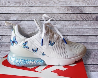 Swarovski Women&#39;s Custom Nike Air Max 270 All White Sneakers Blinged Out With Authentic Clear Swarovski Crystals Bling Shoes