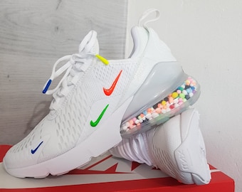 Swarovski Women&#39;s Custom Nike Air Max 270 All White Sneakers Blinged Out With Authentic Clear Swarovski Crystals Beaded Bling Shoes
