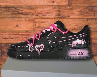 Pink love Graffiti Custom AF1 Sneakers - Anime Style Street Fashion - Unique Handmade Gift for Birthday, Give For Her
