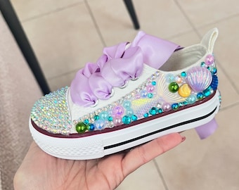 Toddler girl Kids bling pearl little Mermaid Shoes - customized name shoes Birthday Shoes- 1st Birthday Shoes - mermaid theme birthday -