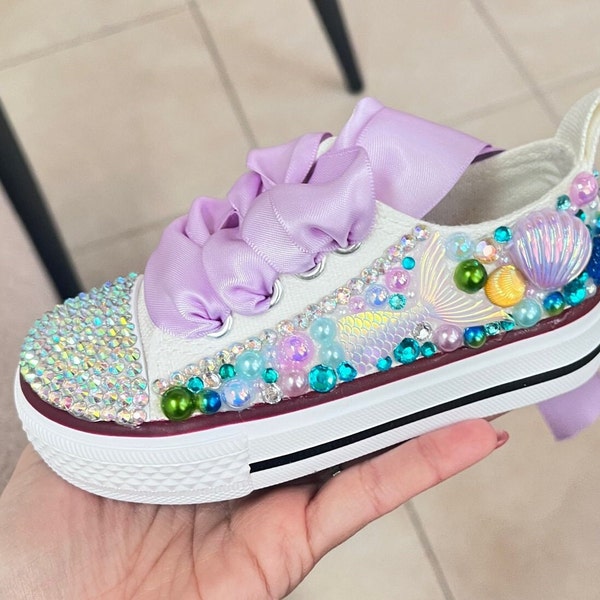 Toddler girl Kids bling pearl little Mermaid Shoes - customized name shoes Birthday Shoes- 1st Birthday Shoes - mermaid theme birthday -