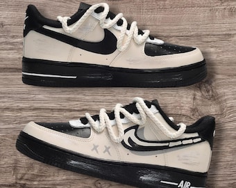 Custom Hand-Painted AF1 Sneakers: Black Bone & Khaki Rope Design
