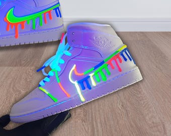 Custom Nike Air Jordan 1 Mid | 3D Artwork Drippy Neon Shoes | Kids Wedding shoes AJ1 Drip |Dripping Swoosh | Unisex Sneakers