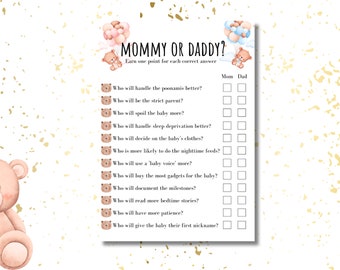 Baby Shower Game A5 Digital Print - Mommy or Daddy - Teddy Bear Baby Bear Theme