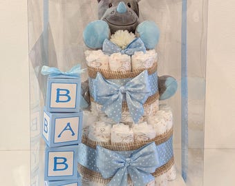 Personalisierbare Jungen Windeltorte Babygeschenk Geschenk zur Geburt Babyshower Babypinkeln zur Taufe Geschenk Neugeborene Babybox Babyname