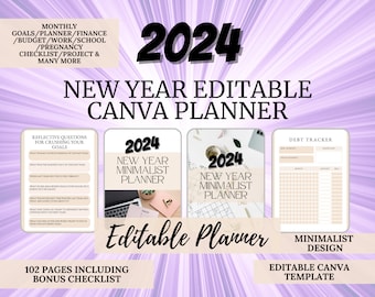 2024 New Year Editable Canva Planner | Editable Planner | PLR & Commercial Use | Lead Magnet | For Coaches, Course Creators, Business Owners