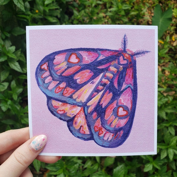 Rainbow Heart Moth | 5x5 Art Print | Colorful Pink Moth