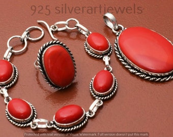Coral Bracelet, Coral Ring, Coral Gemstone Pendants 925 Sterling Silver Plated Jewelry Women Jewelry Sets