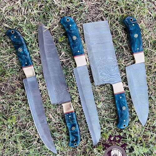 Custom Handmade Damascus Chef set Of 5pcs shops With Leather Cover,Kichten Knife,Damascus Knife Set,Kitchen knives set