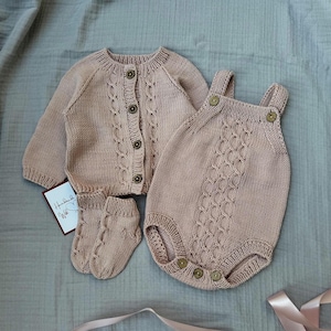 Hand Knit Organic Cotton Baby Set: Cardigan, Romper, Bonnet & Socks