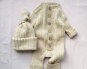 Knitted baby jumpsuit with hat Baby romper set Knitted baby clothes 100% organic cotton Knit newborn outfit