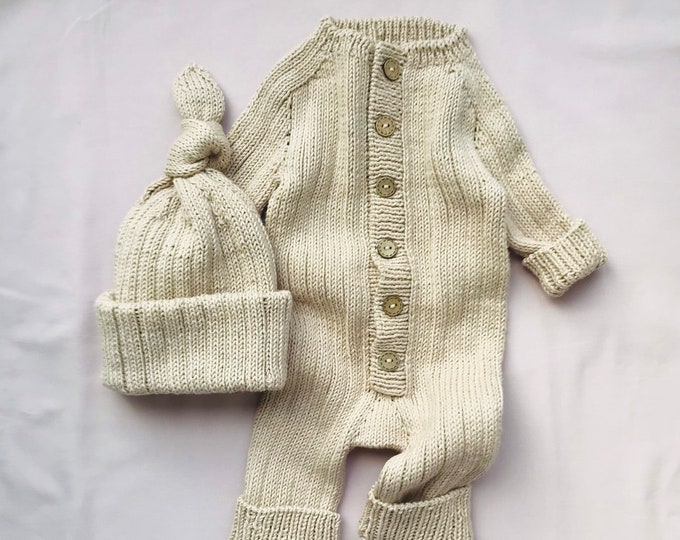 Knitted baby jumpsuit with hat Baby romper set Knitted baby clothes 100% organic cotton Knit newborn outfit