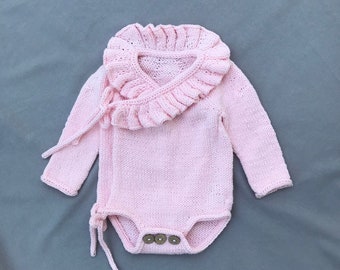 Ruffle baby romper Baby girl knitted romper long sleeve Pale pink romper Knit baby girl outfit Newborn girl romper
