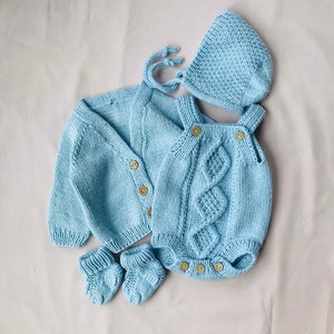 Hand Knitted Baby Outfit: Cotton Blend Cardigan, Romper, Bonnet & Socks